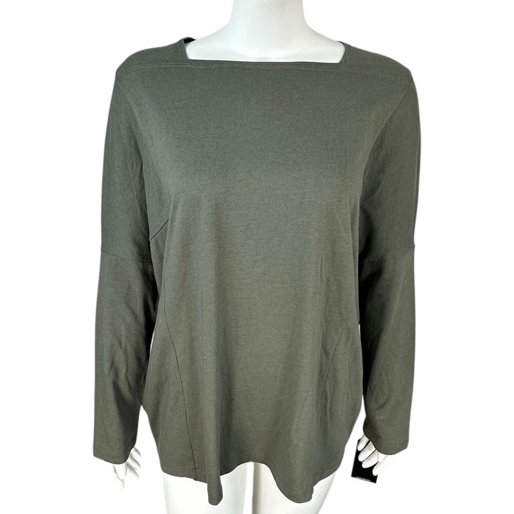 NEW Clara Sun Woo Top Womens Medium Green Knit Long Sleeve Tee Cotton Modal